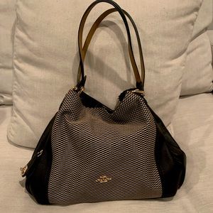 COACH EDIE LEGACY SHOULDER WOVEN FABRIC/LEATHER